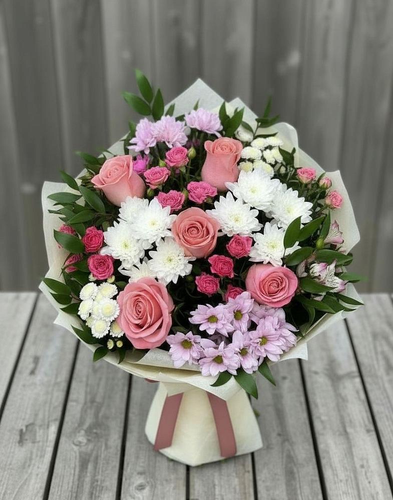Букет цветов из: Альстромерии, Гвоздики, Розы и Хризантемы в Первомайском Оренбургский район