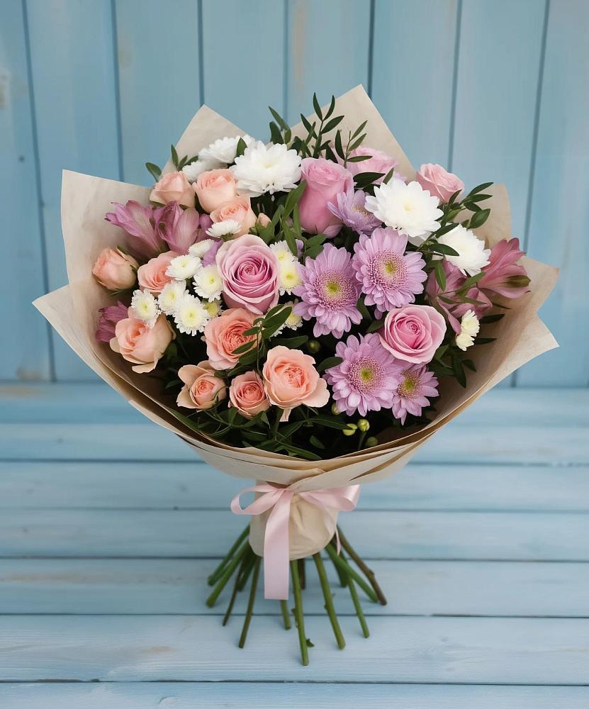 Букет цветов из: Хризантемы, Розы и Альстромерии в Первомайском Оренбургский район