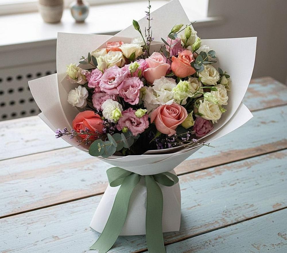 Букет цветов из: Розы, Лизиантусы и Гвоздики в Первомайском Оренбургский район