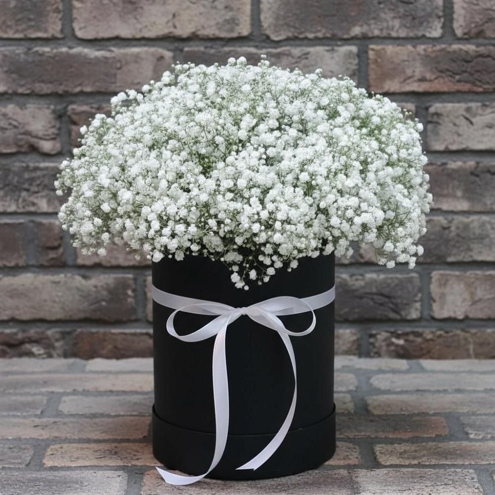 Цветочная композиция из Гипсофила в шляпной коробке в Первомайском Оренбургский район