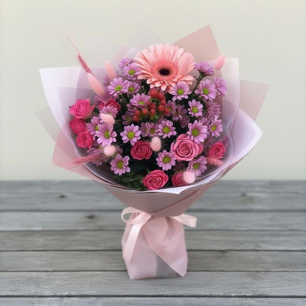 Букет цветов из: Розы, Герберы и Хризантемы в Первомайском Оренбургский район