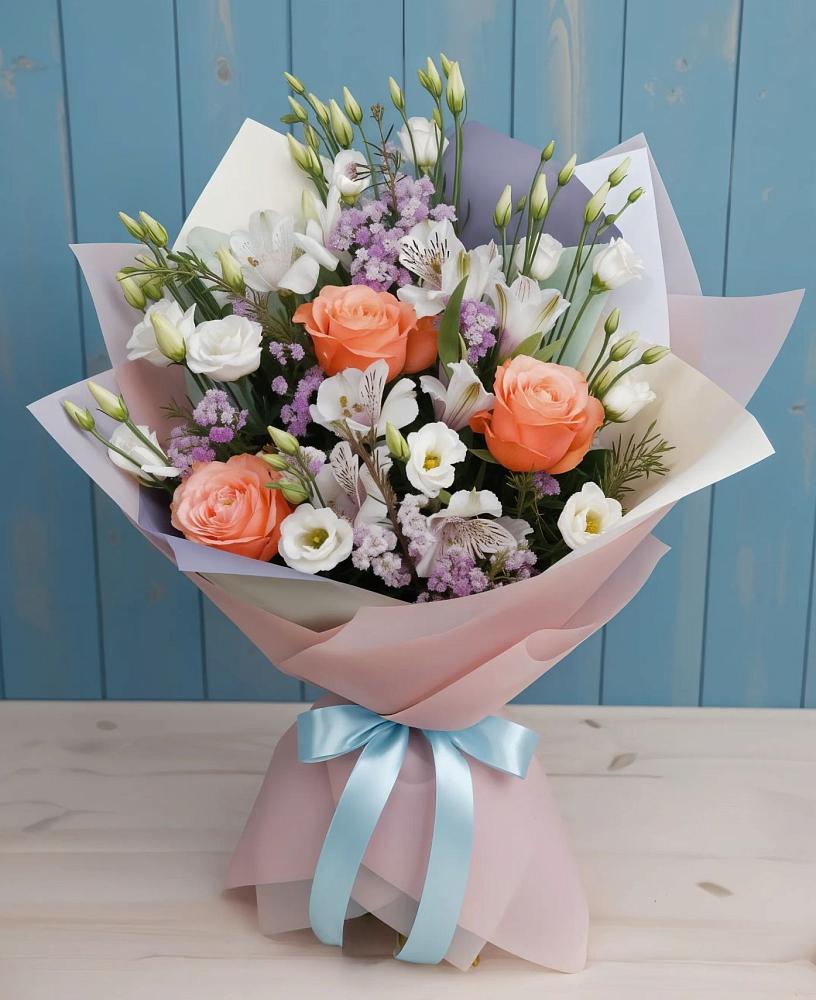 Букет цветов из: Лизиантусы, Розы, Альстромерии и Гипсофила в Первомайском Оренбургский район