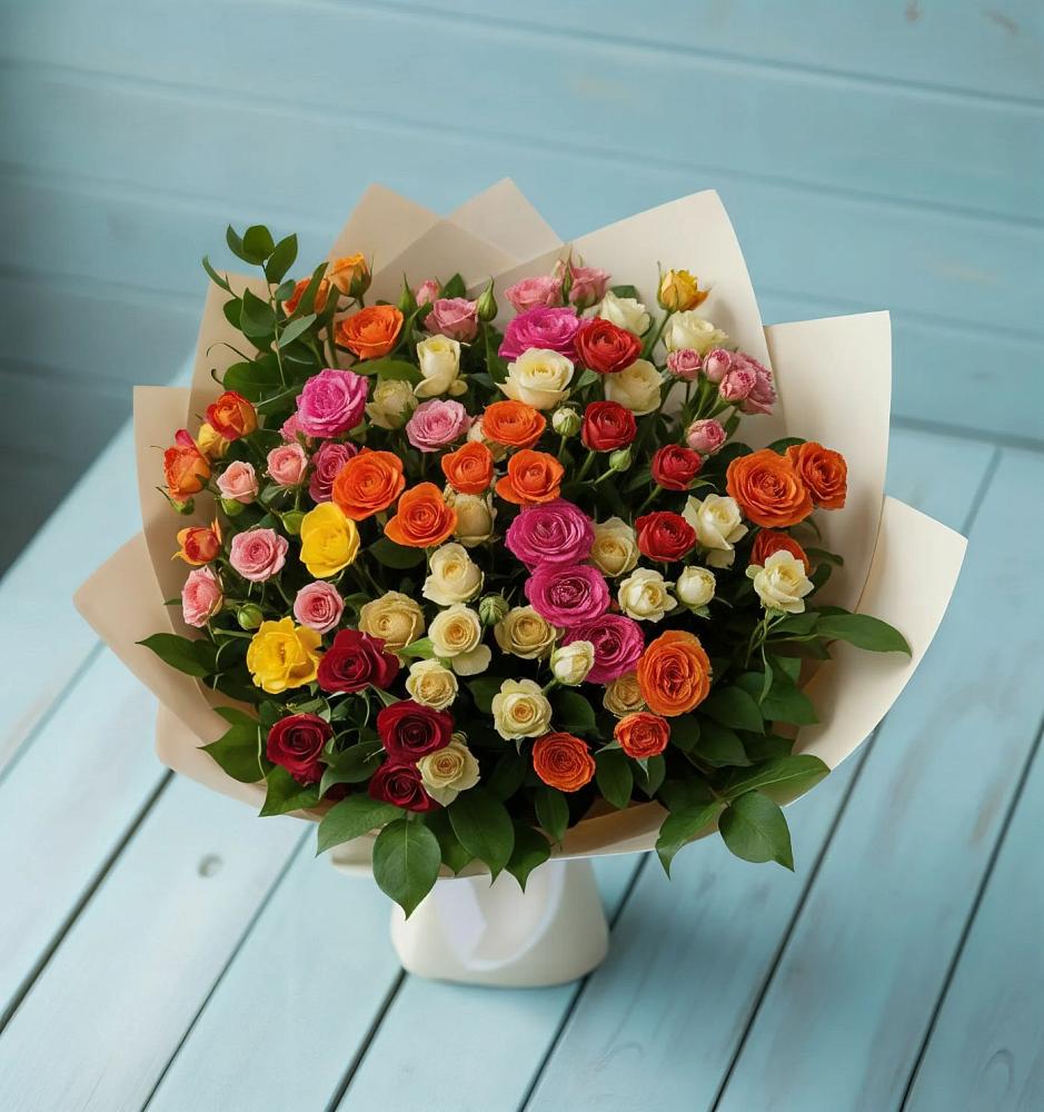 Букет Микс из разноцветных кустовых роз в Первомайском Оренбургский район