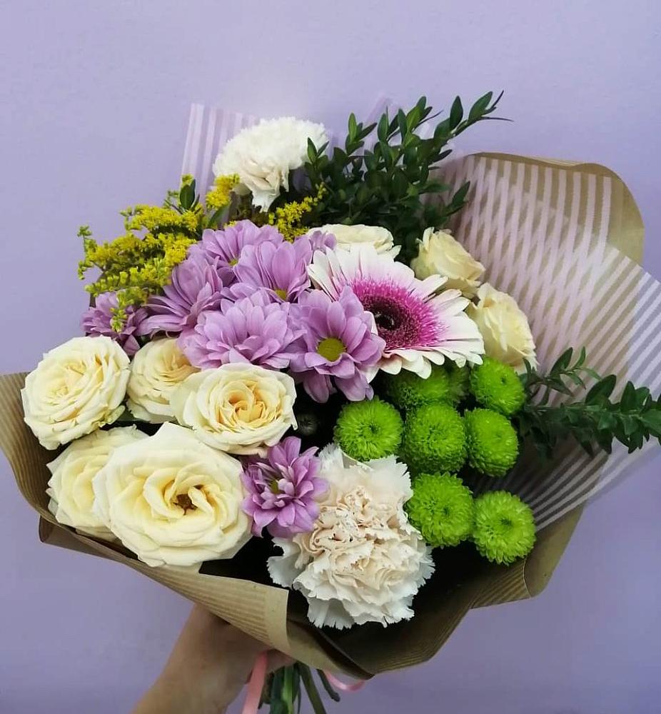 Букет цветов из: Хризантемы, Розы, Гвоздики и Герберы в Первомайском Оренбургский район