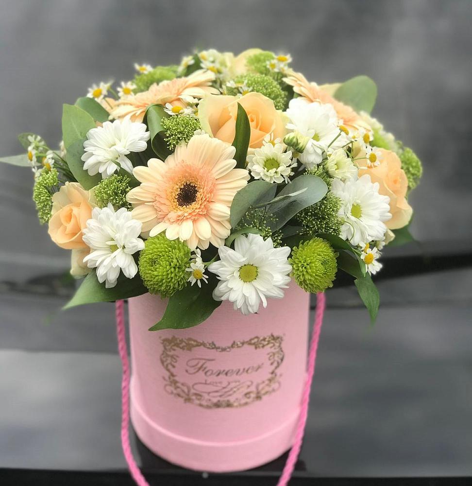 Цветочная композиция из Розы, Герберы и Хризантемы в шляпной коробке в Первомайском Оренбургский район